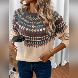 New Fair Isle Knit Sweater Top Pullover Cream Gray Blue Orange